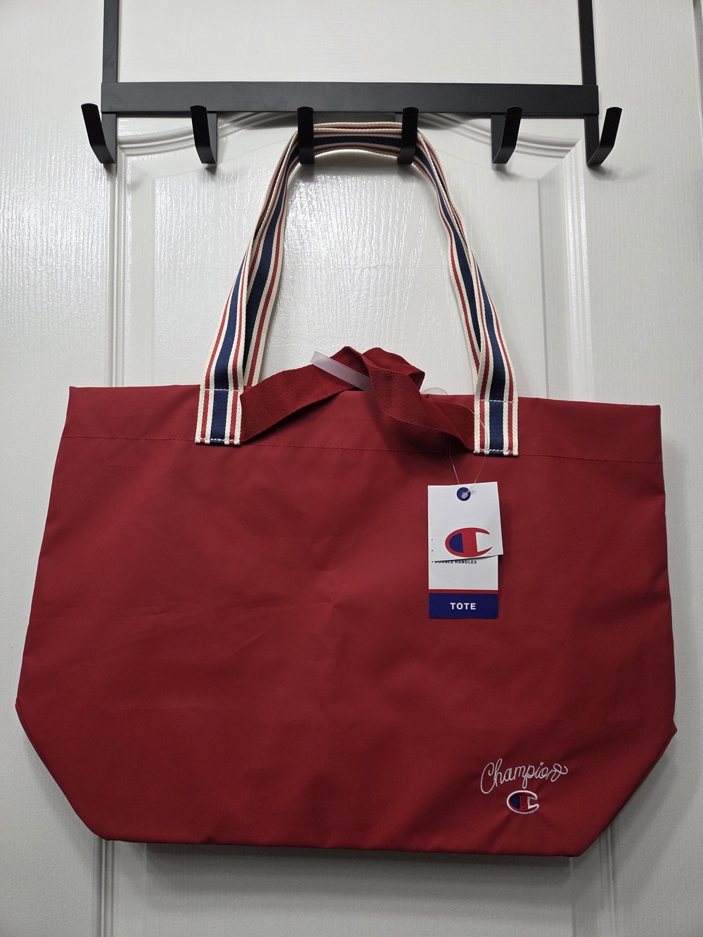 Champion Red Canvas Tote with Striped Shoulder Handles